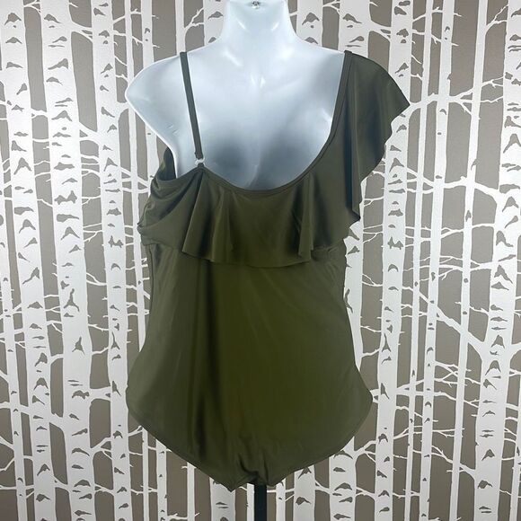 Playa Swim Olive Green Ruffled One Shoulder One Piece Swimsuit sz XL (16) - Picture 4 of 9